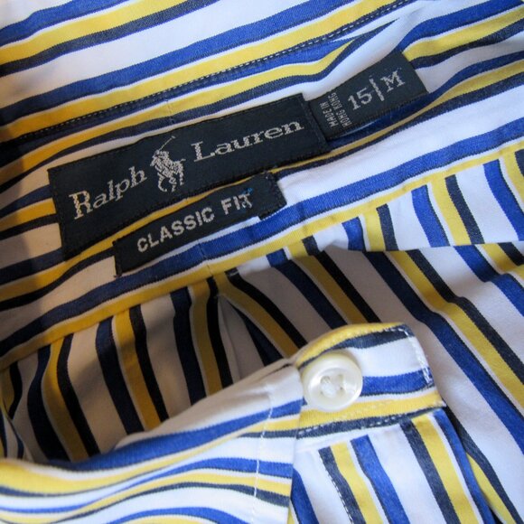 Ralph Lauren Men Shirt, White/yellow/Navy, sz. 15(M), cotton, Stripped - Picture 4 of 6